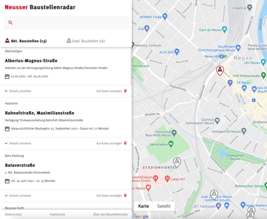 Screenshot der Webseite Neusser Baustellenalarm